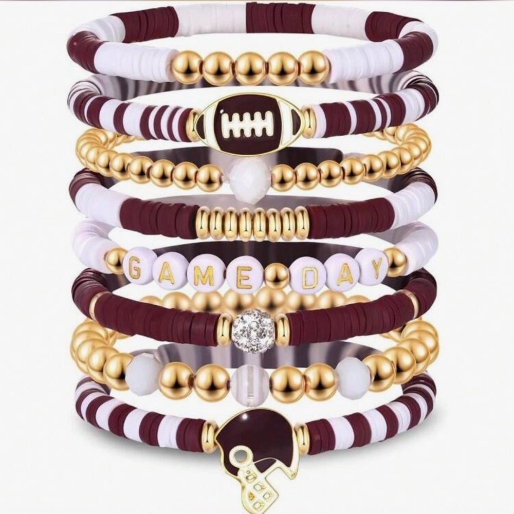 Burgundy and‎ White Game Day Football Stackable Bracelet Set
